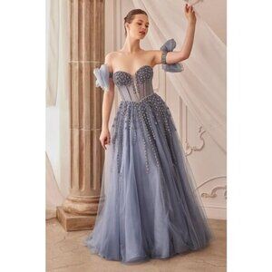 Andrea & Leo Womens Stargaze Ribbon Tulle Rhinestone Gown Midnight Blue Size 2